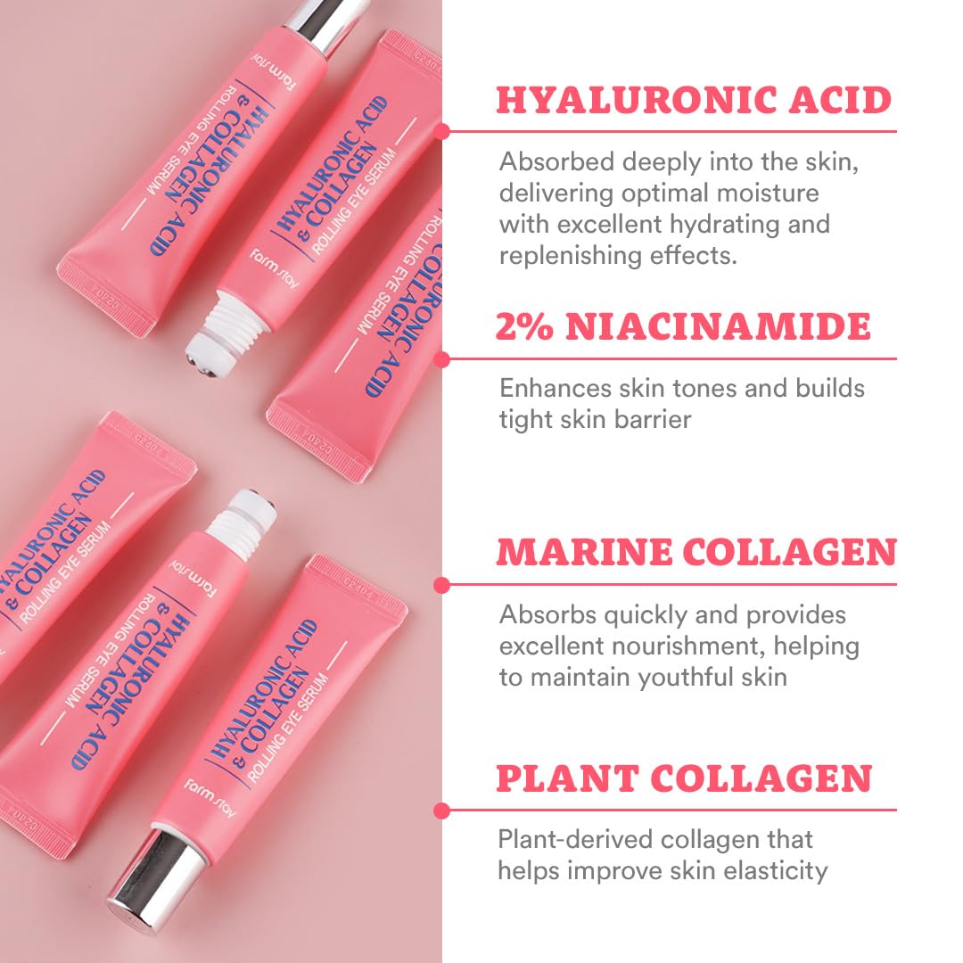 Farmstay Hyaluronic Acid Roll-on Eye Serum with 2% Niacinamide & Collagen – Hydrating Korean Eye Roller for Dark Circles, Puffy Eyes & Wrinkles – 0.84 fl. oz.