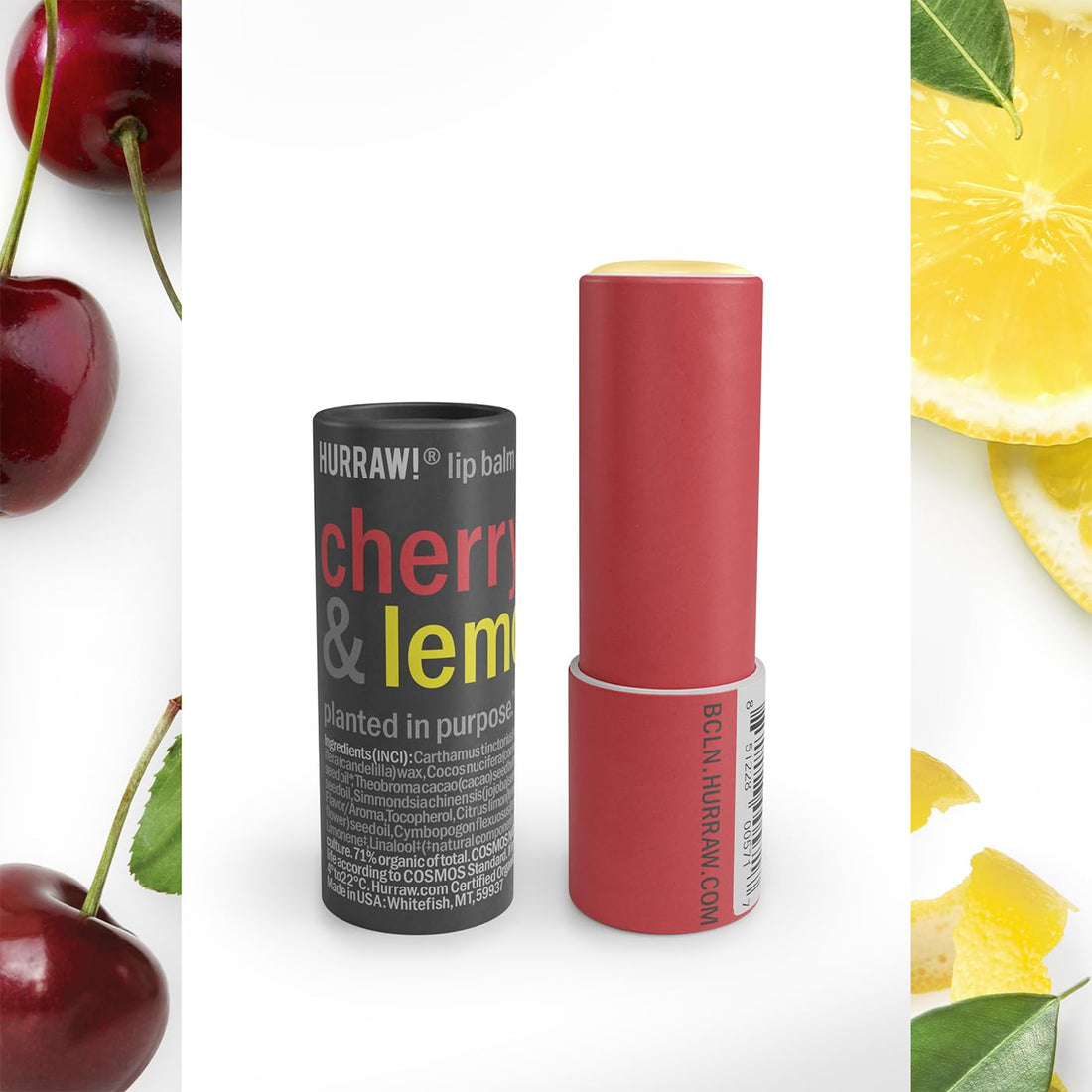 Hurraw! Cherry & Lemon Lip Balm: Plastic-Free with new cardboard push-up tube. Certified Organic, 100% Natural Origin, Vegan, and Cruelty Free. Gluten Free. Bee, Shea, Soy and Palm Free. Made in USA