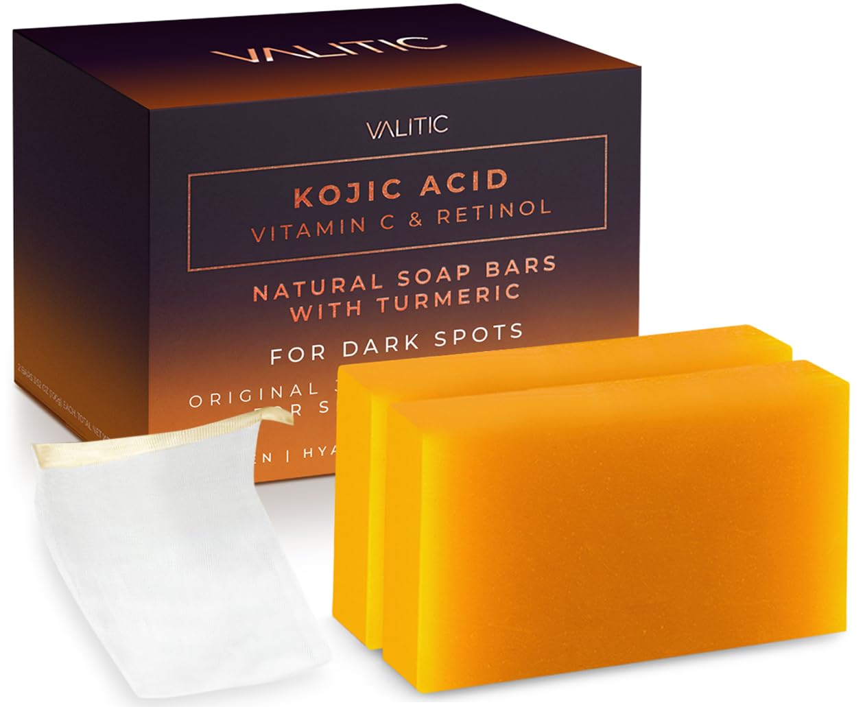 VALITIC Kojic Acid Vitamin C and Retinol Soap Bars with Turmeric for Dark Spot - Original Japanese Complex Infusedwith Collagen, Hyaluronic Acid, Vitamin E (2 Pack) - With Scrub Bag