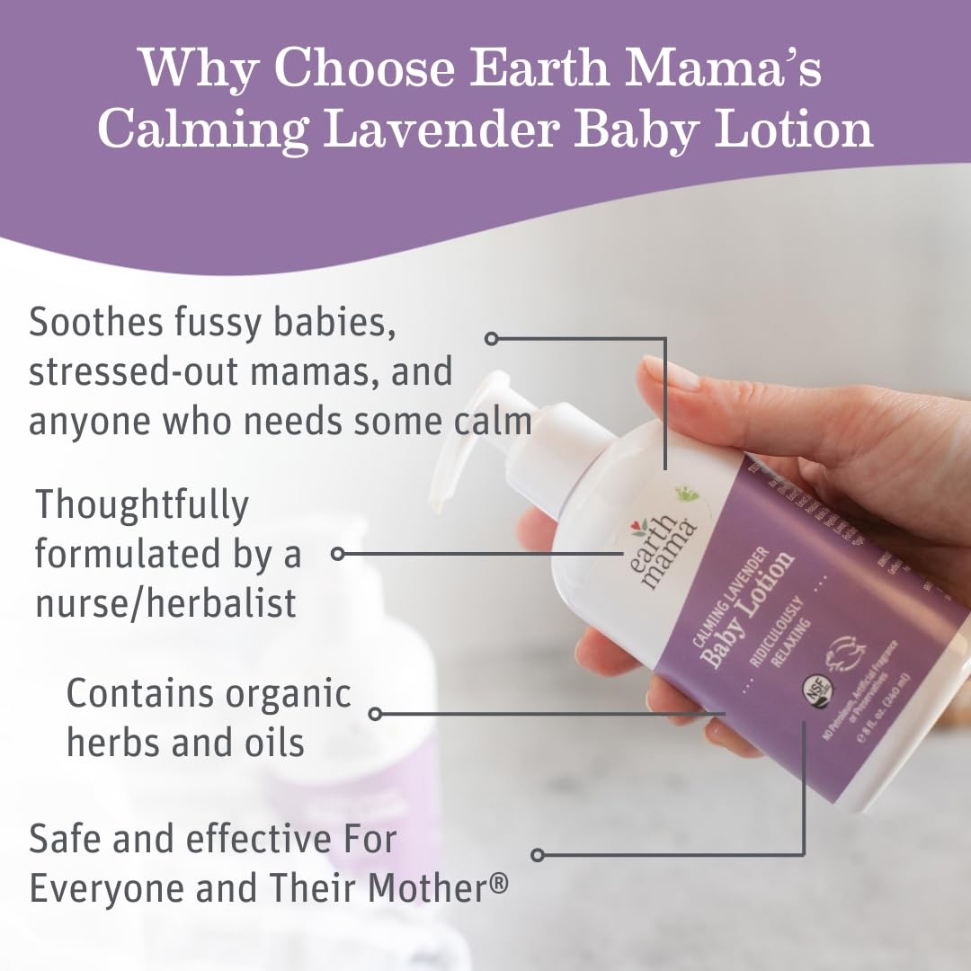 Earth Mama Calming Lavender Baby Lotion for Dry Skin, Calendula Cream for Newborn Skin Care, Organic Moisturizer for Children, Aloe Juice, Rooibos, & Shea Butter, Lavender Lotion, 8 Fl Oz (2Pk)