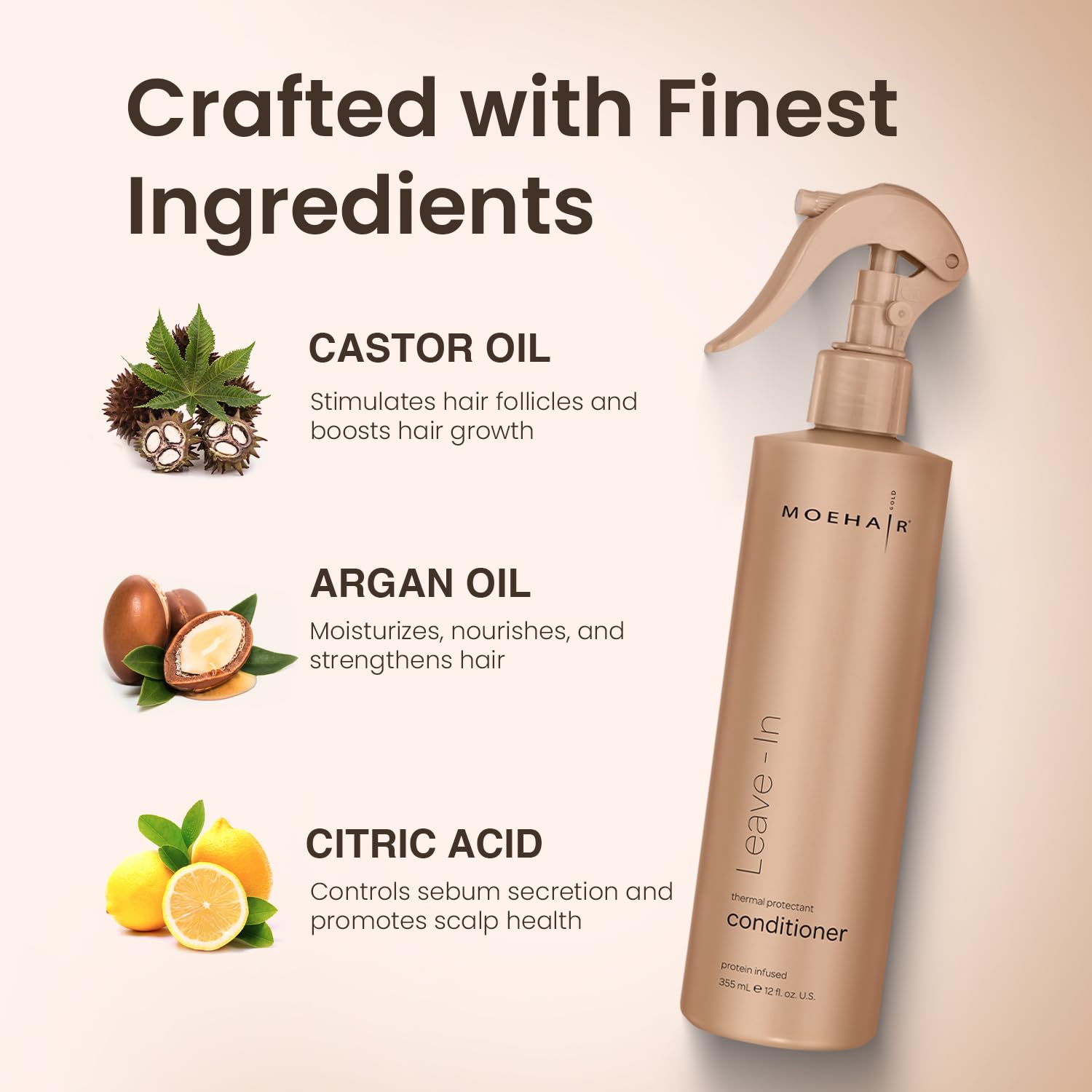 MOEHAIR Leave-in Conditioner (12 Fl. Oz.) | Infused with Proteins and Argan Oil | Curly Hair Detangler Spray For Women & Men | Hair Softener | Breakage and Split End Repair | Sulfate and Paraben Free