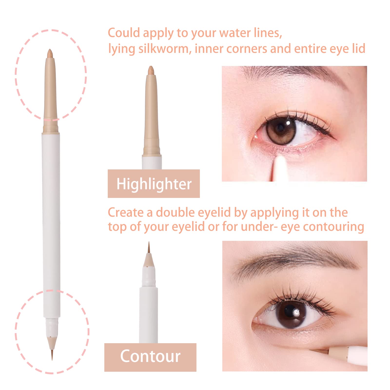 3PC Double Ended Highlighter Makeup Pen, Glitter & Matte Nude EyeLiner & Eyeshadow, Liquid Contour Liner 2 in 1 Eye Brightener Make Up Stick, Mulit-Funtional Long Lasting Lying Silkworm Pencil ( #01,