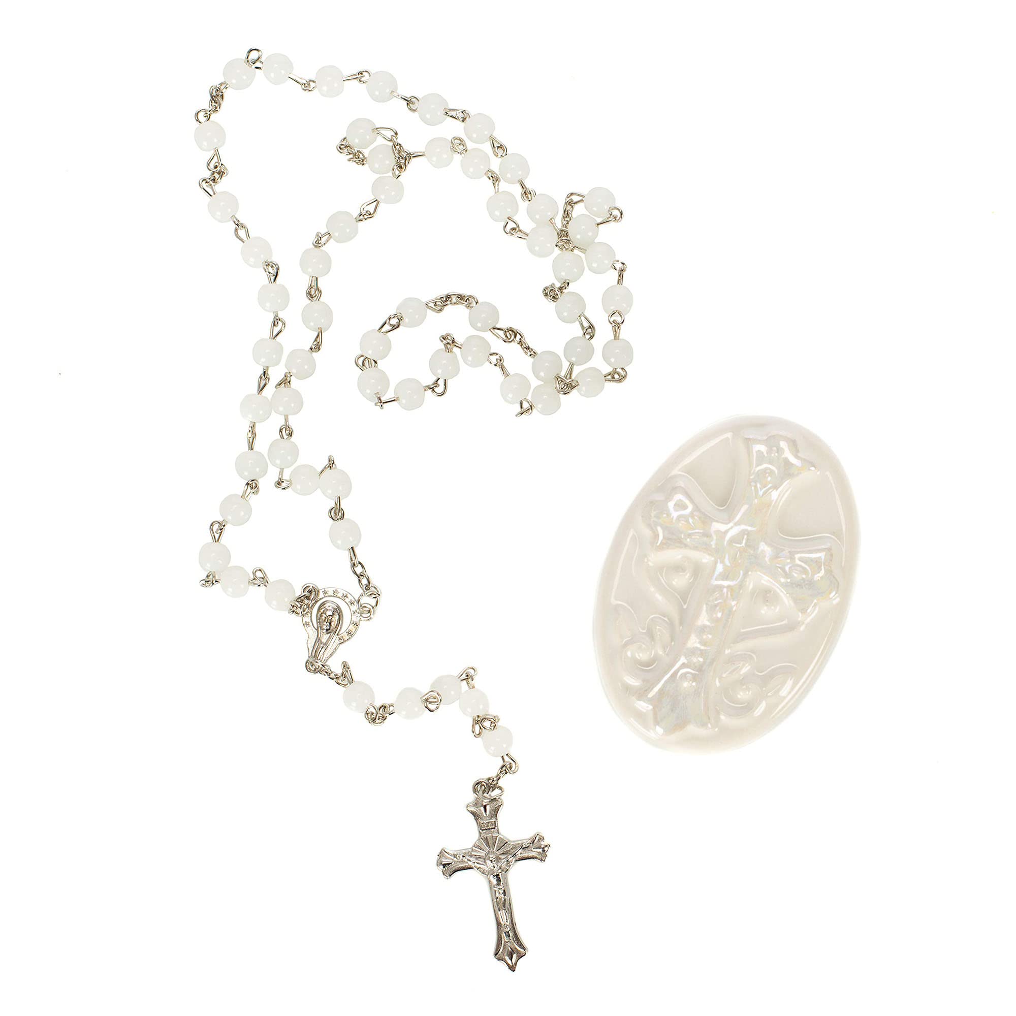 DEMDACO Rosary Classic White 3 x 2 Glossy Porcelain Decorative Trinket Box Set