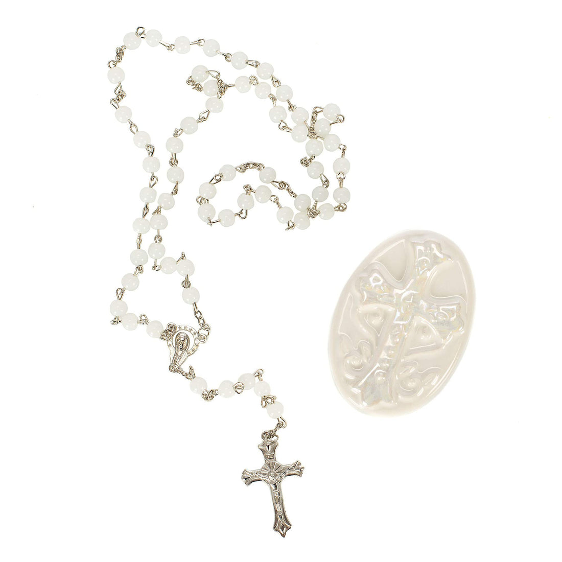 DEMDACO Rosary Classic White 3 x 2 Glossy Porcelain Decorative Trinket Box Set