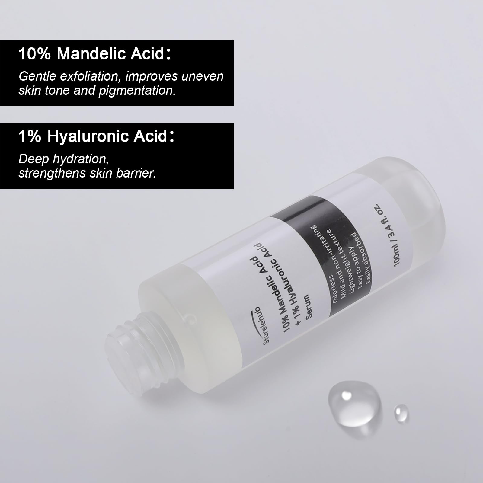 Mandelic Acid 10%+ Hyaluronic Acid 1% Serum, 3.4 fl. oz. / 100ml, Mandelic Acid Serum For Gentle Exfoliation, Mandelic Acid Toner For Face