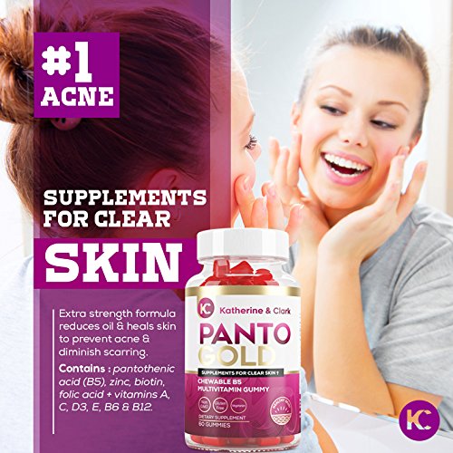 Panto Gold Vitamin B5 Pantothenic Acid Gummies for Acne - Hair Skin and Nails Gummies - Biotin, Zinc, Folic Acid Chewable Non-GMO Gluten-Free for Body - Oily Skin Gummies - 60 Count