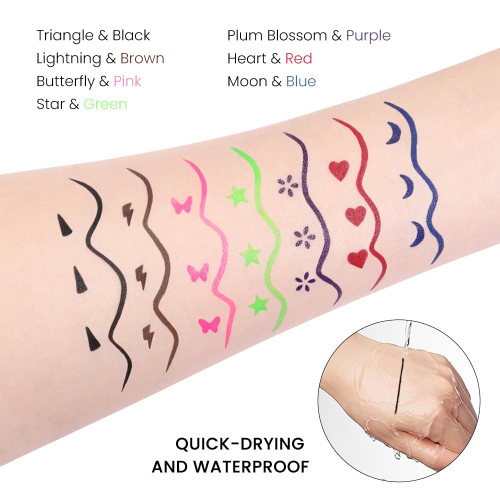 evpct 7Pcs Colored liquid Eye Liners Face Stamp Cosplay Gothic Makeup Set Kit for Beginners, Black Brown Purple Blue Red Pink Green Star Flowers Heart Moon Triangle Lightning Butterfly Stamps Eyeliner