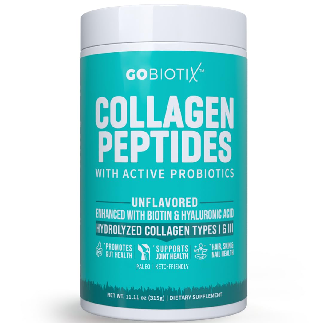 GOBIOTIX Collagen Powder Supplement with Probiotics - Hydrolyzed Protein Collagen Powder for Women - Hair Skin and Nails, Joint and Digestive Health - Collagen Peptides Type I and III - 30 Servings