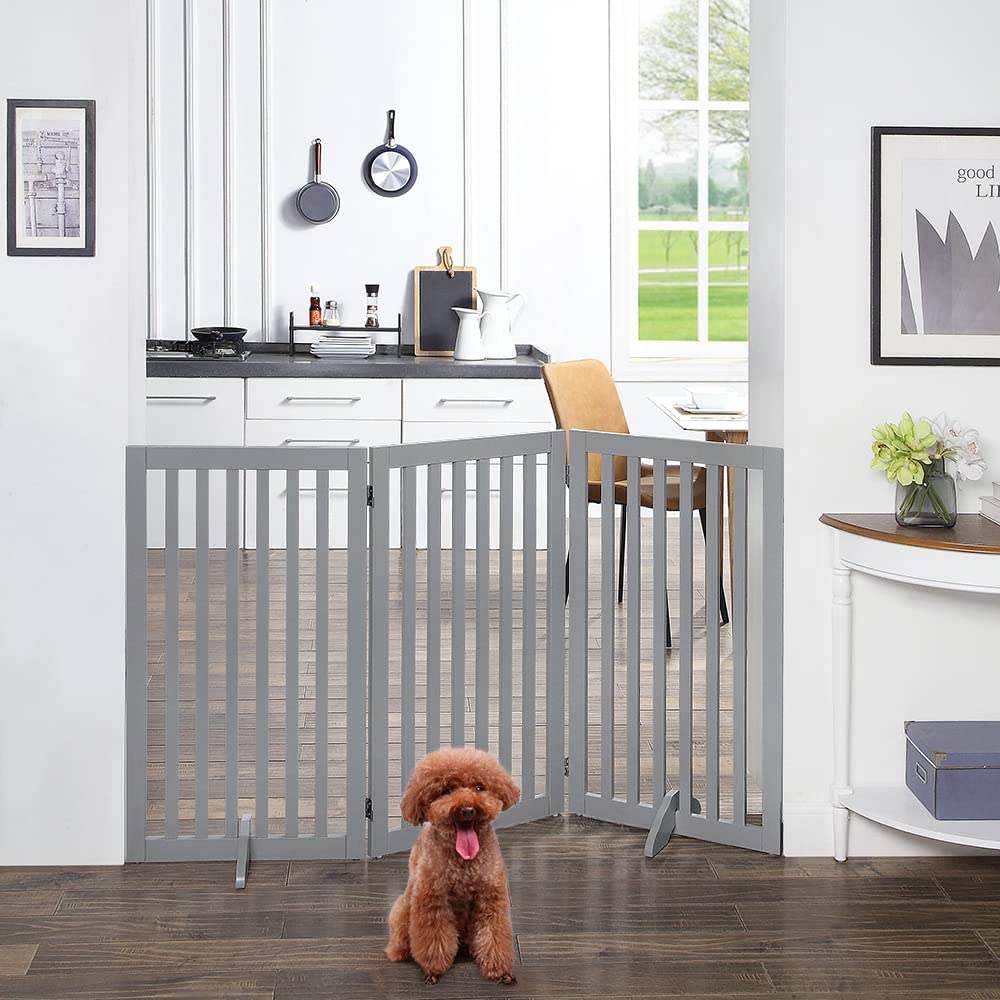 Unipaws Indoor 3 Panels Classic Freestanding Wooden Foldable Pet Gate with Support Feet - Grey, 20 W x 36 H