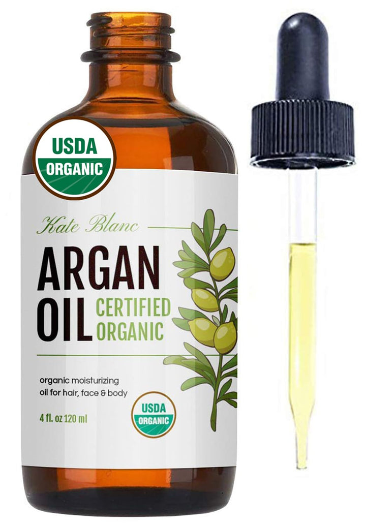 Kate Blanc Cosmetics Argan Oil for Hair, Face & Skin from Morocco. Promotes Hair Growth (4oz, USDA Certified Organic, Cold Pressed & 100% Pure, Light)