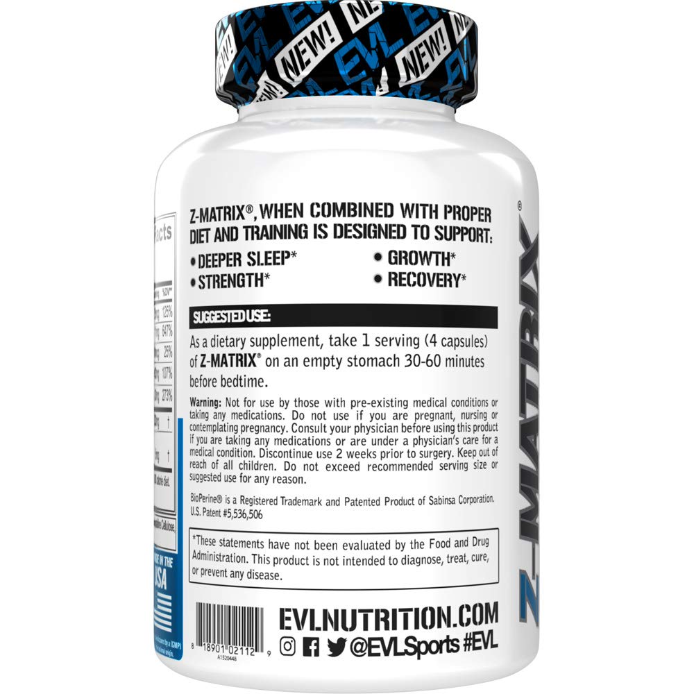Evlution EVL Post Workout Recovery Bodybuilding Supplement - Magnesium and Zinc - ZMatrix Zinc Magnesium Aspartate Muscle Recovery Supplement for Sleep Support and Muscle Health