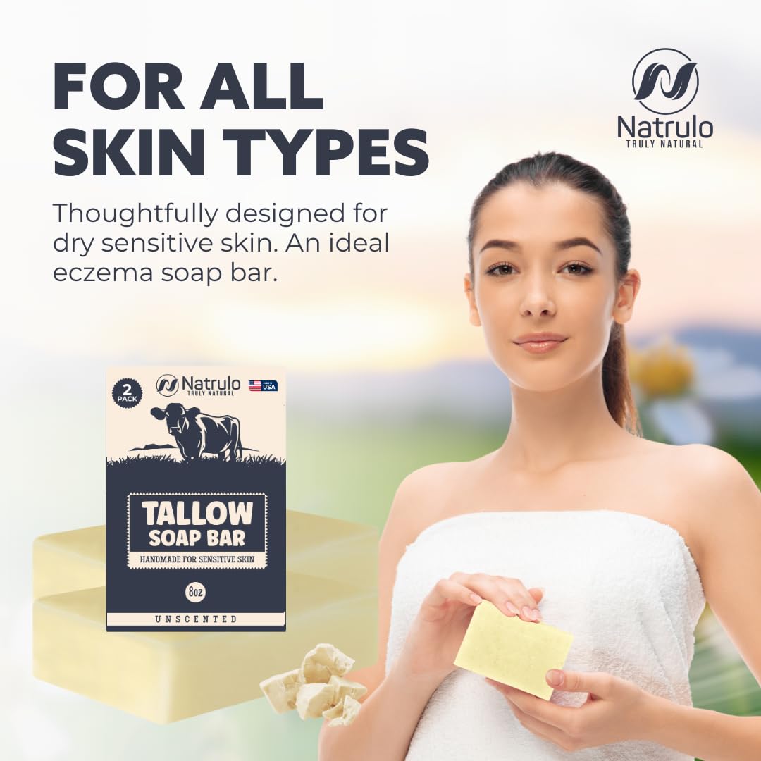 Beef Tallow Soap Bar – All Natural Grass Fed Tallow Soap Unscented – Moisturizing Face & Body Wash Great for Eczema, Dry, Itchy, Sensitive Skin – Handcrafted Bath Soap for Adults, Kids, Made in USA