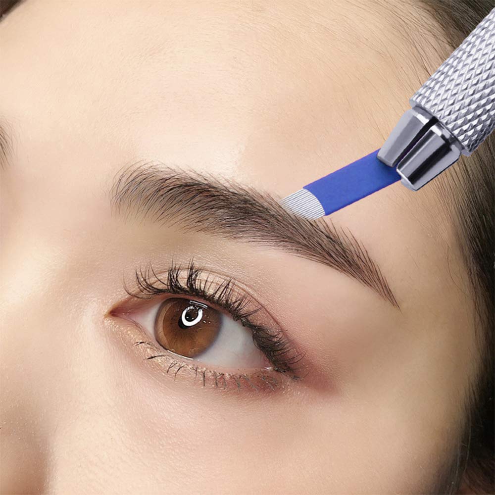 Pinkiou 50 Pcs Microblading Blade Micropigmentation Brow Lamination Makeup Manual Eyebrow Henna Disposable Sloped Needle Pin Bevel Shading (12Pin)
