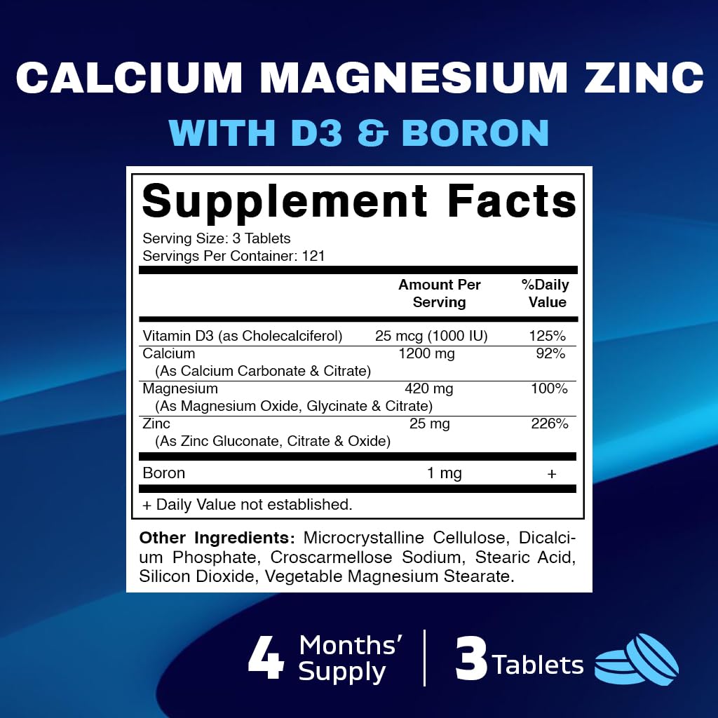 Vitamatic Calcium Magnesium Zinc D3 Boron | 365 Coated Tablets Supplement | Calcium 1200 mg, Magnesium 420mg, Zinc 25mg, Vitamin D3 1000 IU, Boron 1 mg | Non-GMO | Gluten Free | Made in USA