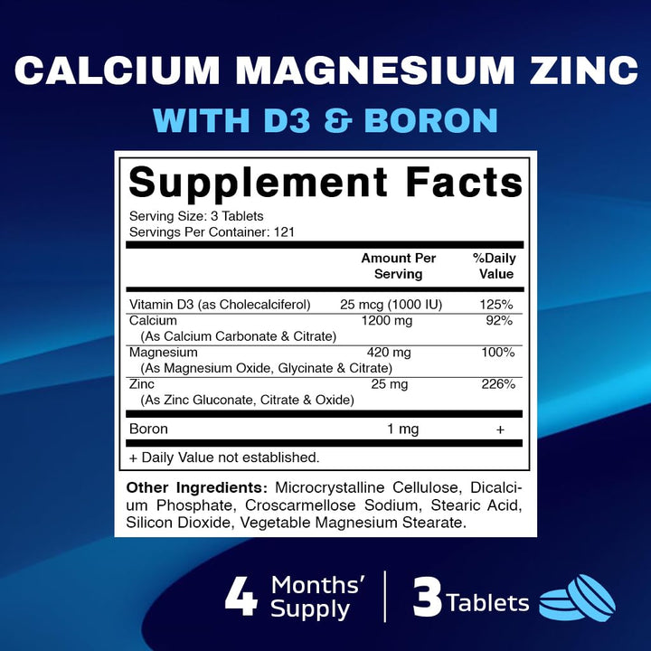 Vitamatic Calcium Magnesium Zinc D3 Boron | 365 Coated Tablets Supplement | Calcium 1200 mg, Magnesium 420mg, Zinc 25mg, Vitamin D3 1000 IU, Boron 1 mg | Non-GMO | Gluten Free | Made in USA