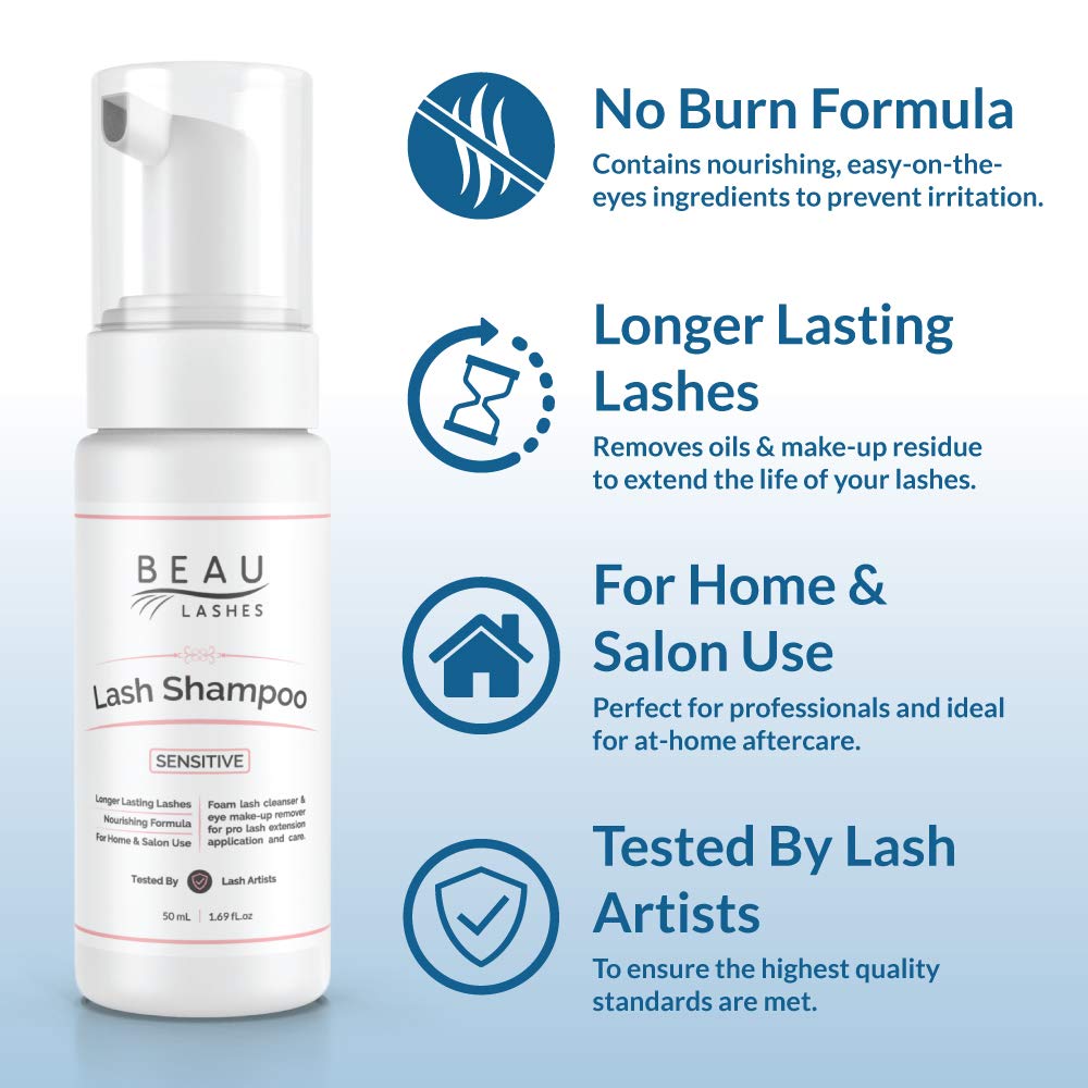 Eyelash Extension Foam Cleanser Shampoo & Brush (50ml) - Sensitive Paraben & Sulfate Free Eyelid/Lash Foaming Wash Cleaner To Remove Makeup Residue & Mascara - Perfect For Salon Use And Home Care