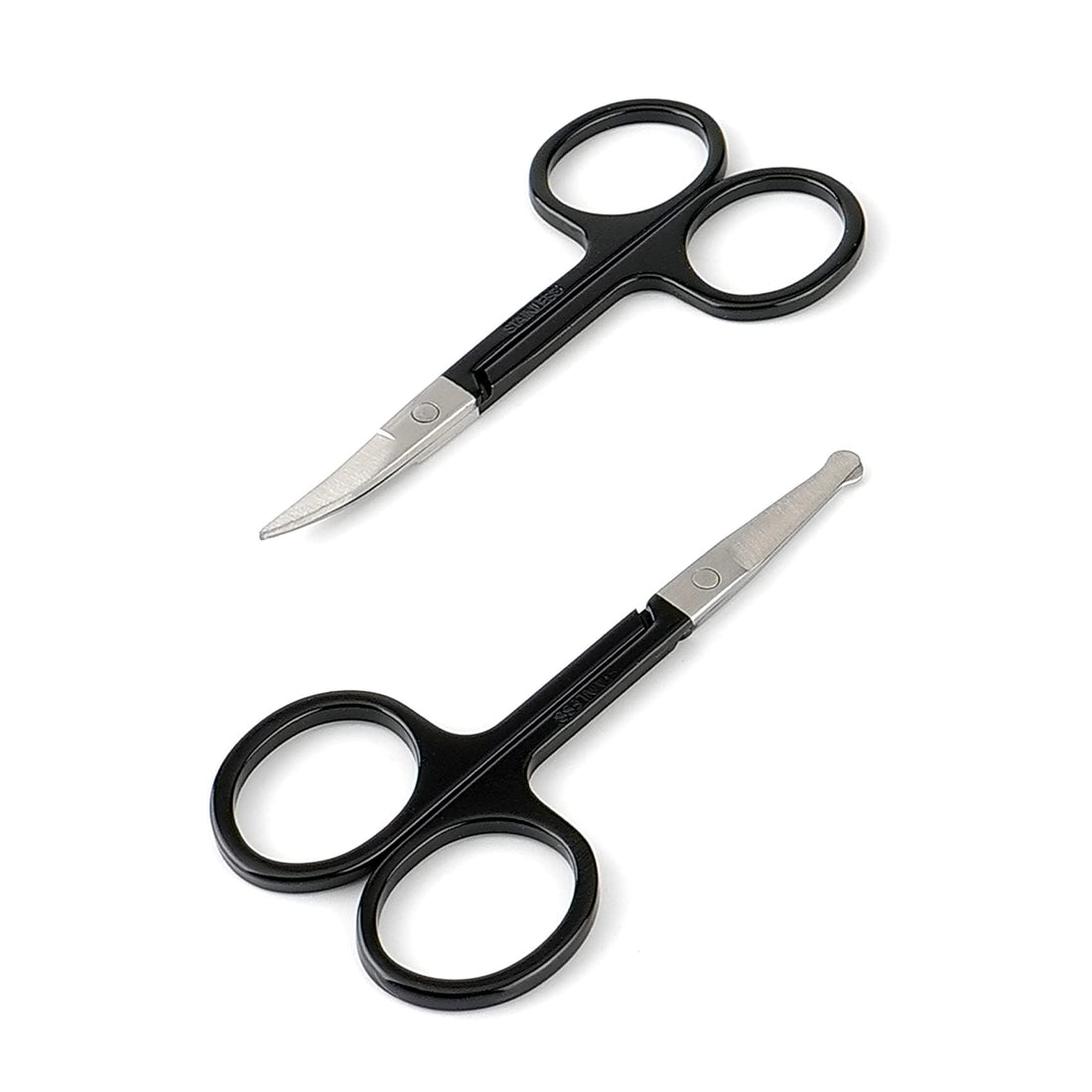 Facial Hair Small Grooming Scissors For Men Women - Eyebrow, Nose Hair, Mustache, Beard, Eyelashes, Ear Trimming Kit - Curved and Rounded Safety Tip Clippers For Hair Cutting- 2PCS Black