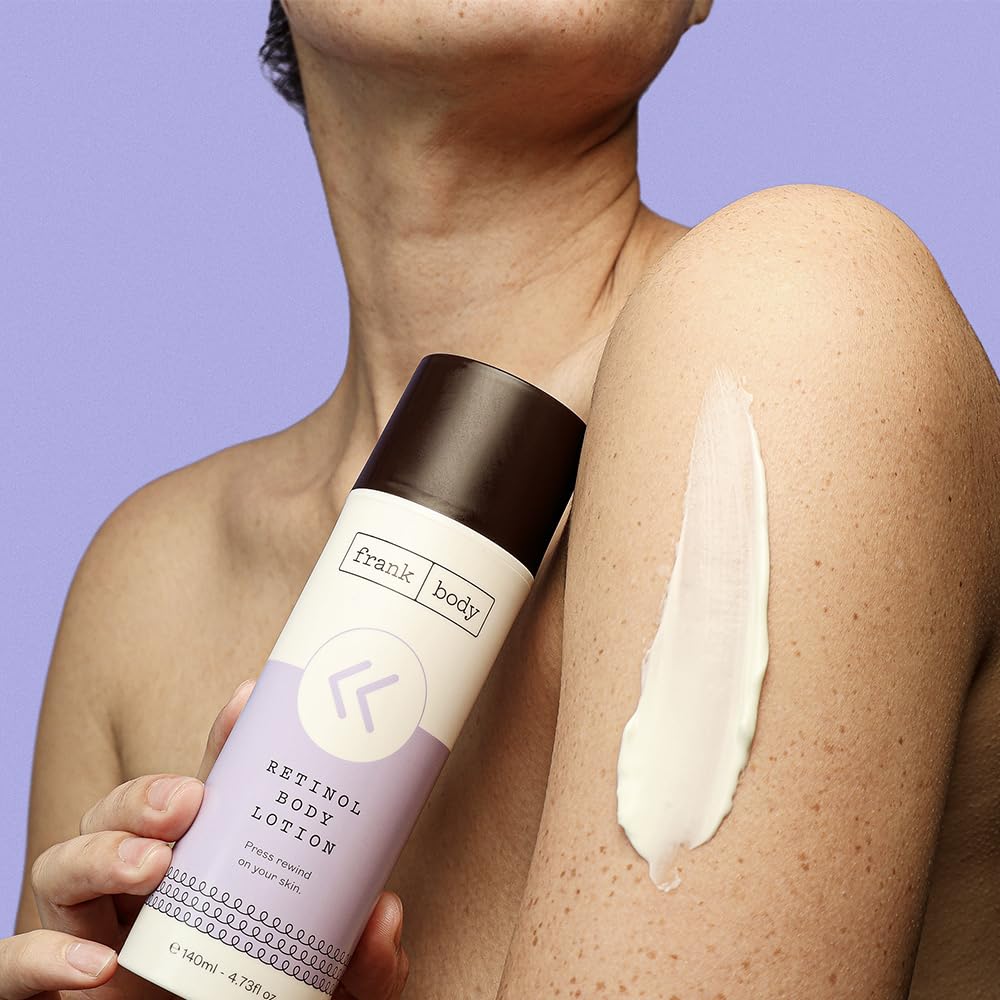 frank body Retinol Body Lotion | Vegan, Cruelty Free Anti-Aging Body Moisturizer | Reduce Appearance of Fine Lines & Hyperpigmentation with Retinol, Peptides & Berry Extracts | 4.73 fl oz / 140 mL