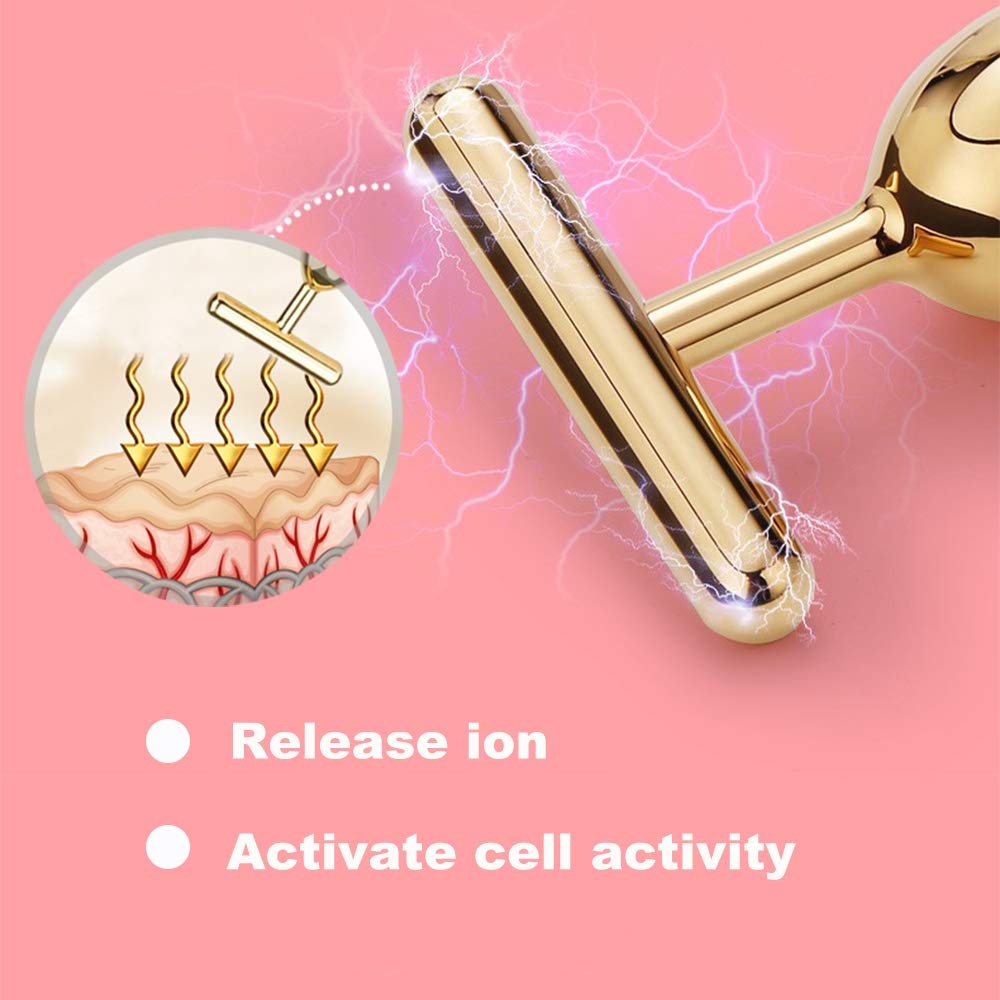 Yeamon 2-In-1 Beauty Bar 24K Golden Pulse Facial Face Massager, 3D Roller Electric Sonic Energy And T Shape Arm Eye Nose Head Massager Instant Face Lift, Anti-Wrinkles, Skin Tightening, Face