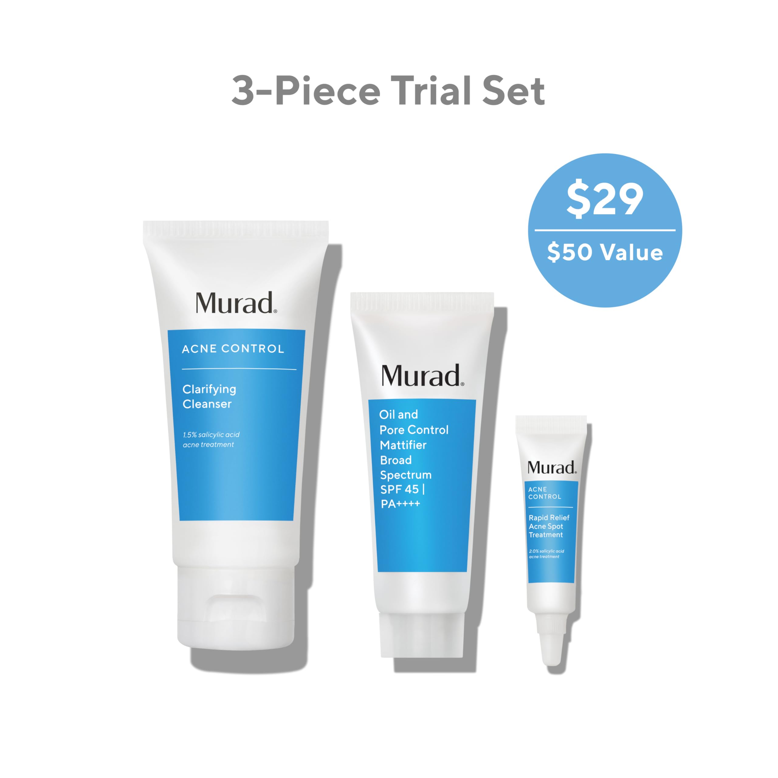 Murad Acne Trial Kit - Clear Breakouts + Control Oil 3-Piece Trial Kit ($50 Value) - Clarifying Cleanser 2Fl Oz, Rapid Relief Acne Treatment 0.25Fl Oz, Oil & Pore Mattifer SPF 45 0.8Fl Oz