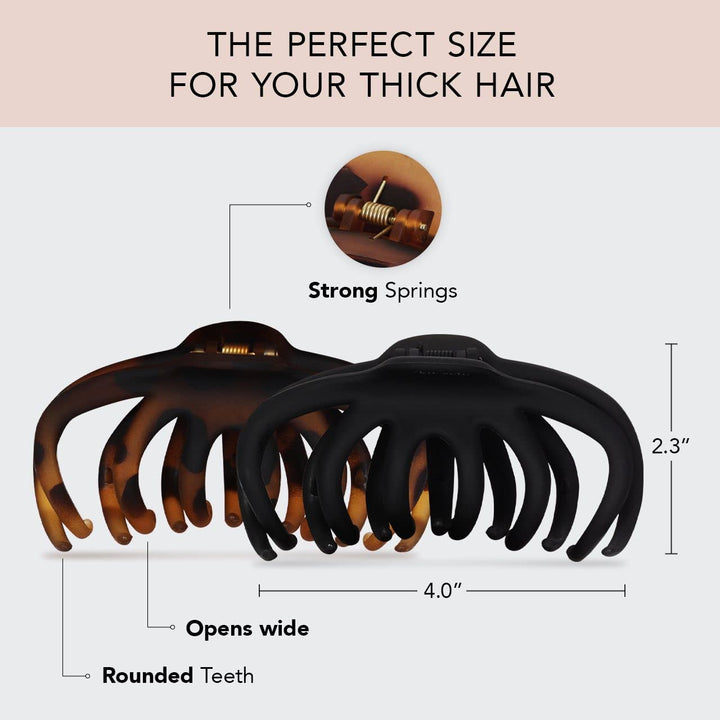 Kitsch Octopus Claw Clips for Women - Cute & Stylish Hair Clips for Everyday Use, Octopus Claw Clip for Thick Hair - Black & Tortoise, 2pcs