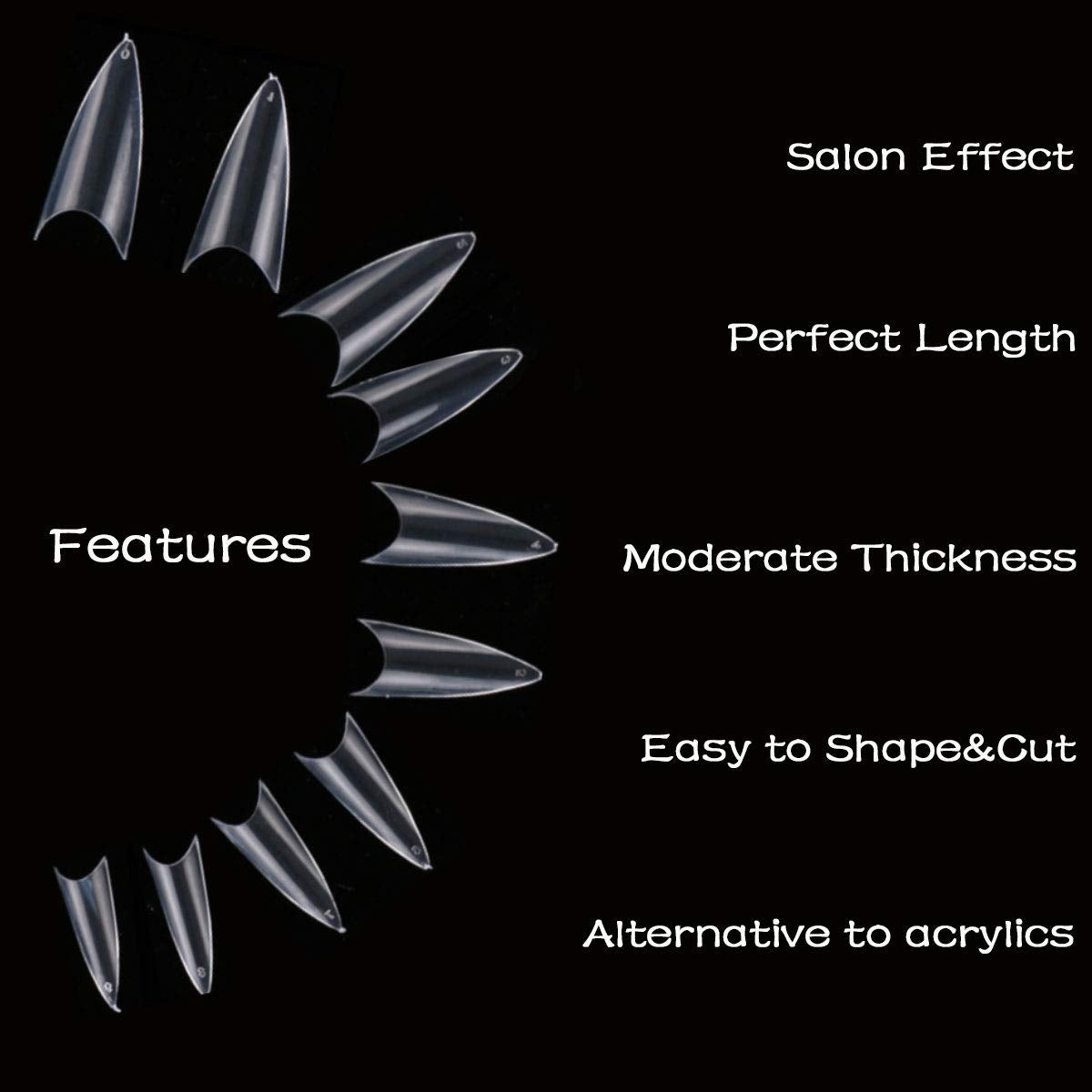 Kissbuty 500 PCS Stiletto Nails Clear Color Sharp Ending False Acrylic Nail Art Tips 10 Sizes With Box Perfect Length for Nail Salons and DIY Nail Art at Home(Clear Stiletto Nails)