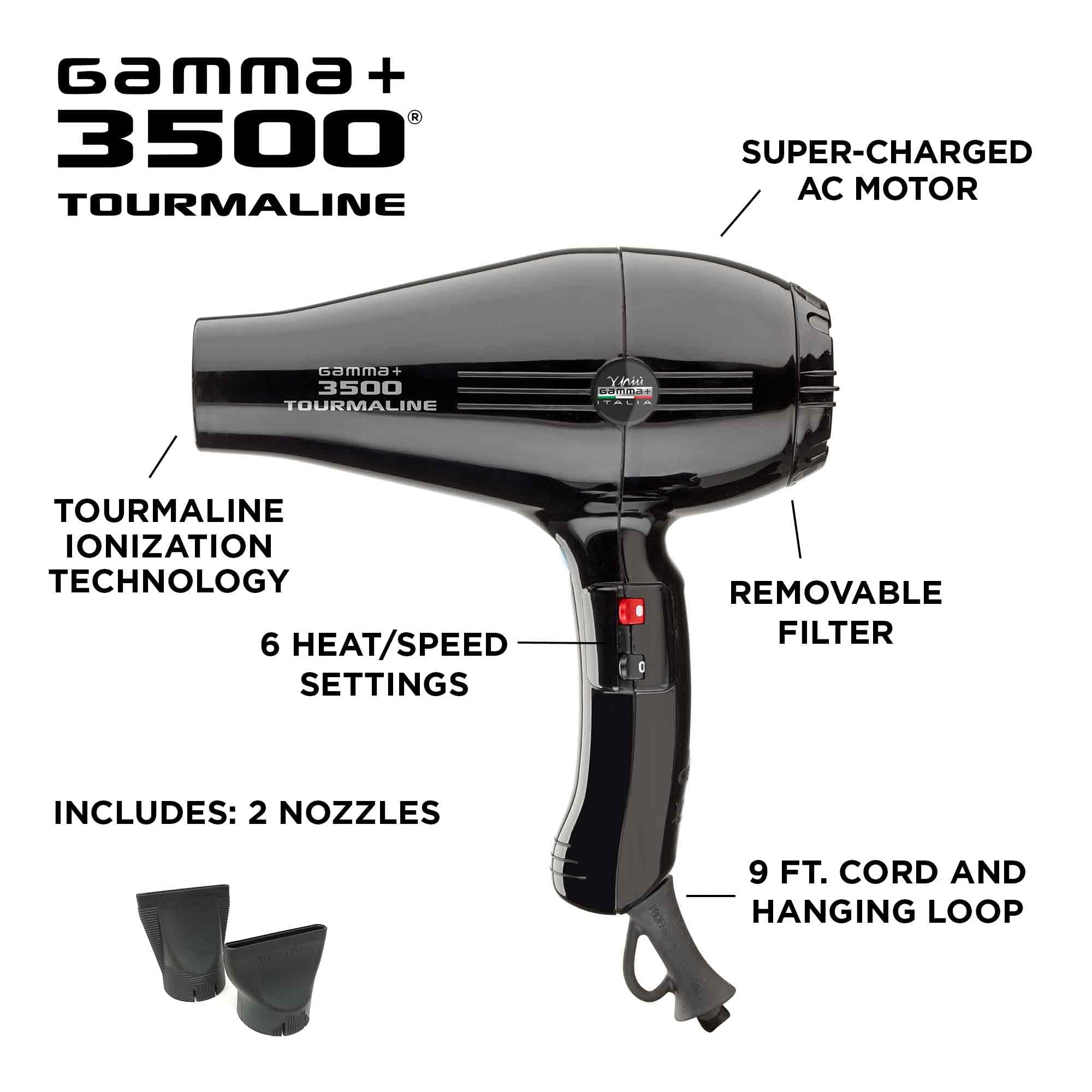 GAMMA+ 3500 Tourmaline Ionic Hair Dryer, Black