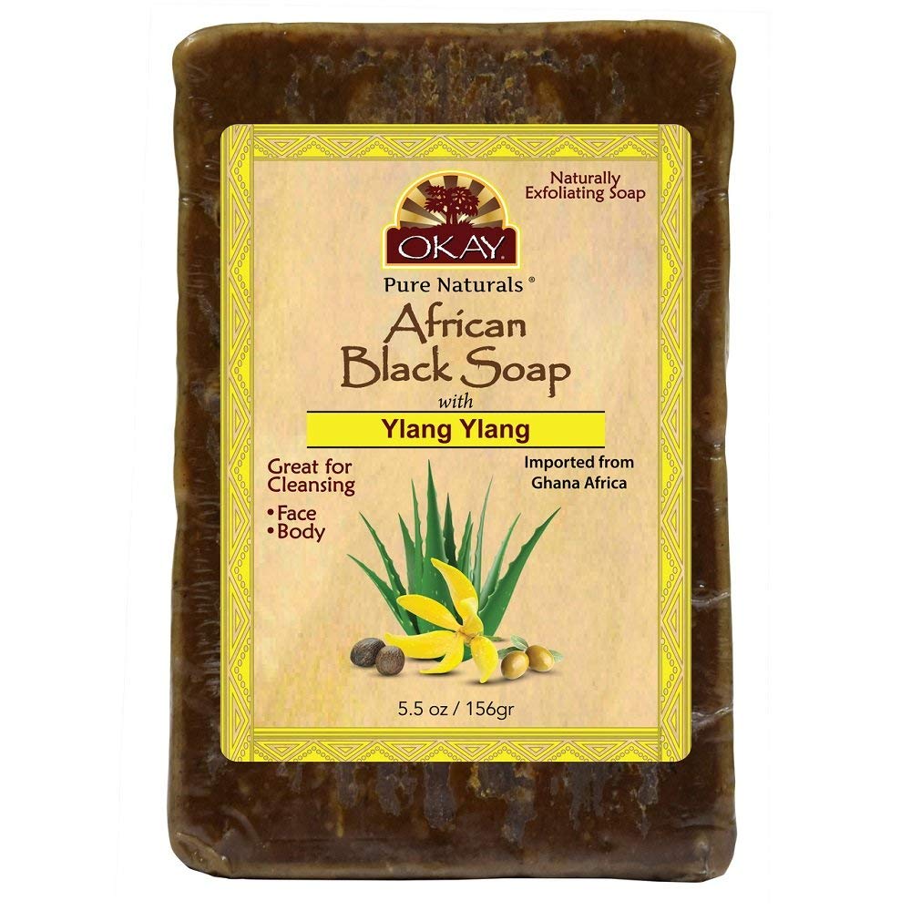 OKAY | African Black Soap with Ylang Ylang | For All Skin Types | Cleanses and Exfoliates | Nourishes and Heals | Free of Sulfate, Silicone & Paraben | 5.5 oz