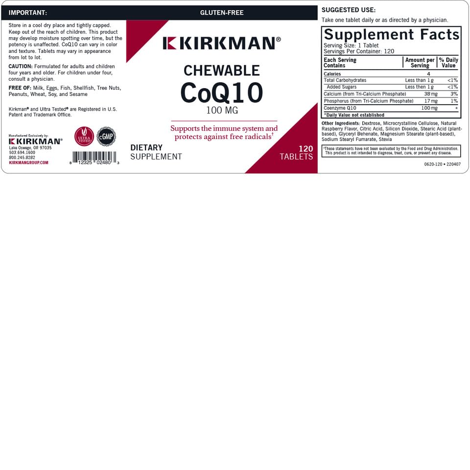 Kirkman Coenzyme Q10 100 mg Chewable Tablets (with Stevia) - 120 Chewable Tablets