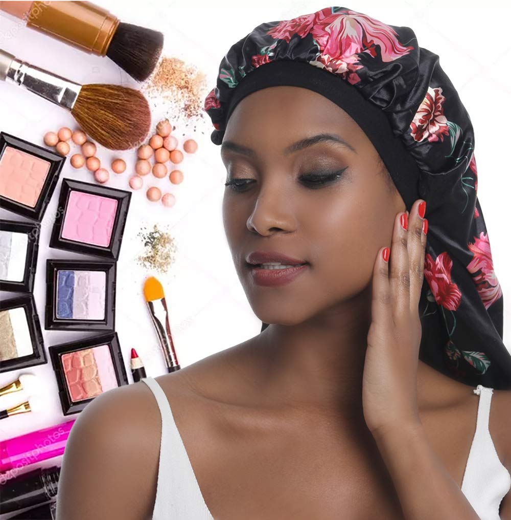 Extra Large Satin Bonnet for Curly Hair Silk Bonnet for Sleeping Cap Natural Frizzy Hair (Long, Long-A-Black-Rose Flower)