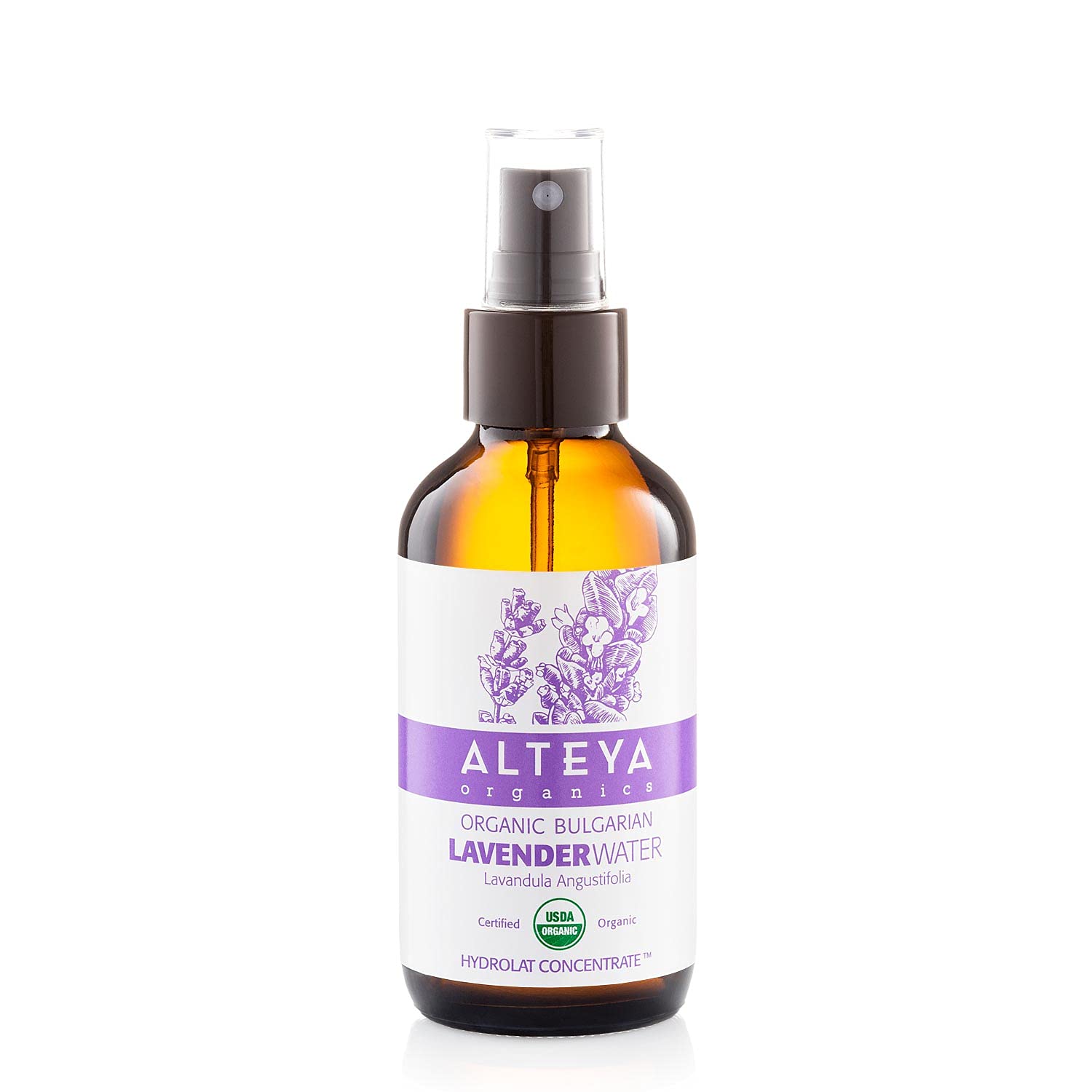 Alteya Organics Lavender Water USDA Certified Organic Facial Toner, 4 Fl Oz/120mL Pure Bulgarian Lavandula Angustifolia Flower Water, Award-Winning Moisturizer Amber Glass Spray Bottle