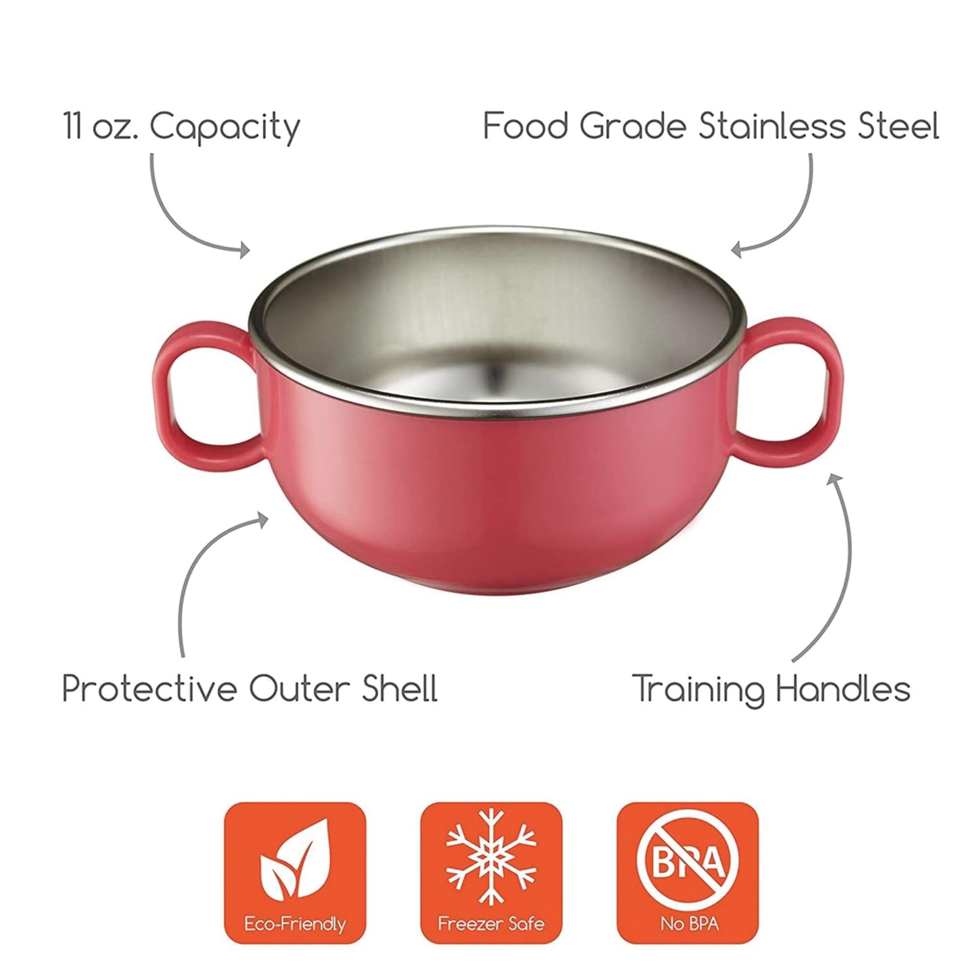 Innobaby Din Din Smart Stainless Steel 11 oz Feeding Bowl with Handles for Babies, Toddlers and Kids. BPA Free, Pink