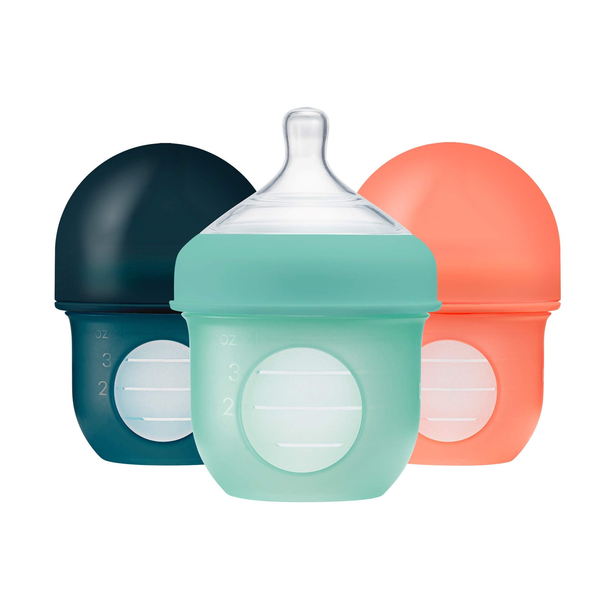 Boon Nursh Reusable Silicone Pouch Baby Bottles - Slow Flow Nipple - Silicone Baby Bottle Pouch and Nipple - Baby Feeding Essentials - Mint - 0-3 Months - 3 Count - 4 Ounce
