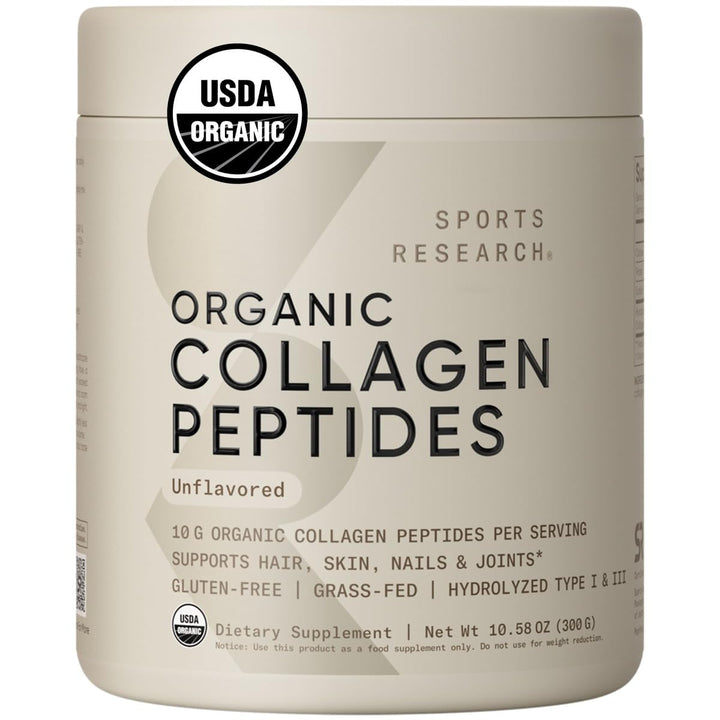 Sports Research­® Organic Collagen Peptides - Hydrolyzed Type I & III Collagen Protein Powder Made Sustainably from Grass-Fed Cows - Unflavored - 30 Servings