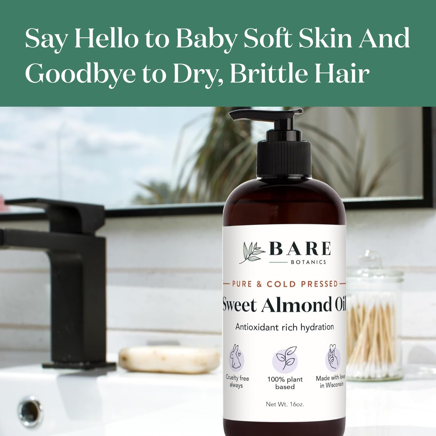 Bare Botanics 100% Pure Sweet Almond Body Oil 16 oz - Cold Pressed & Natural for All Over Moisturization - Multipurpose Carrier Oil for DIY - Hydrate Dry Skin, Hair & Body - Vegan, Cruelty Free Beauty