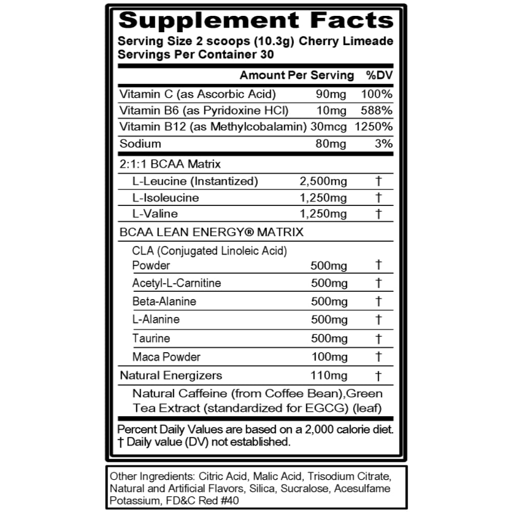 EVL BCAA Lean Energy Powder - Pre Workout Green Tea Fat Burner Support with BCAAs Amino Acids and Clean Energizers - Post Workout Recovery Drink for Lean Muscle Recovery - Cherry Limeade