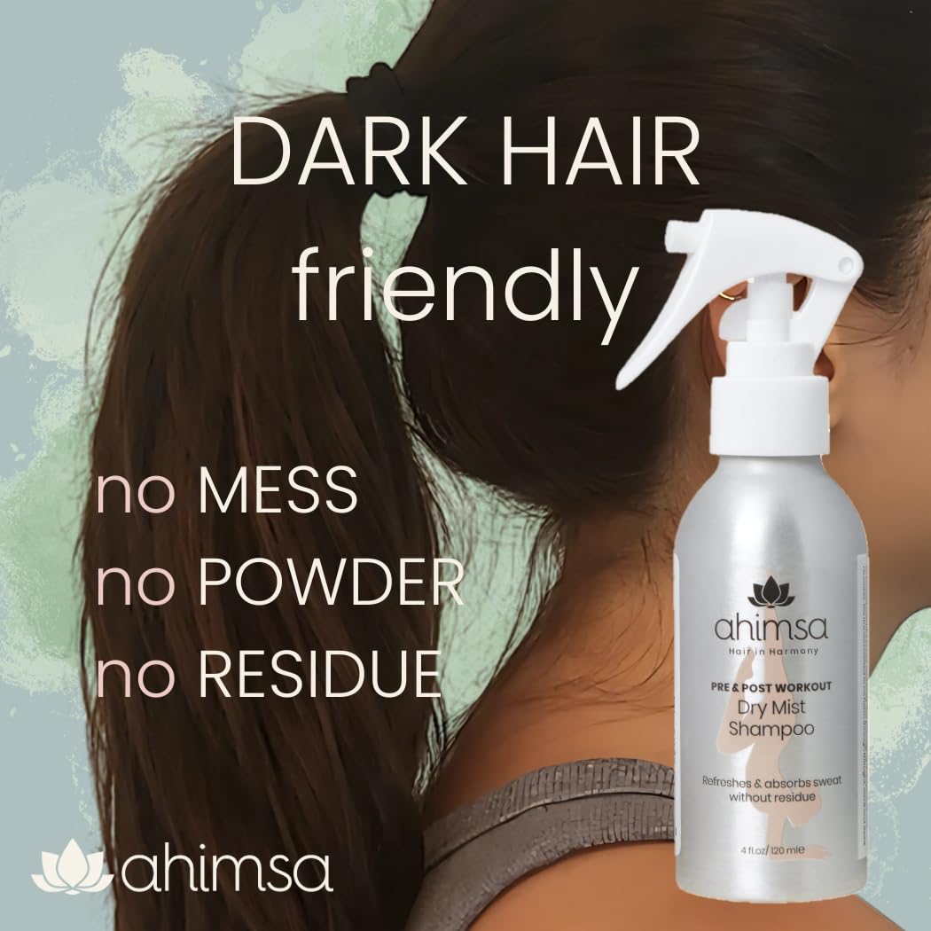 Ahimsa Dry Mist Shampoo for Dark Hair, Improved Formula - Powder & Aerosol Free, Vegan & Cruelty Free, Workout Friendly