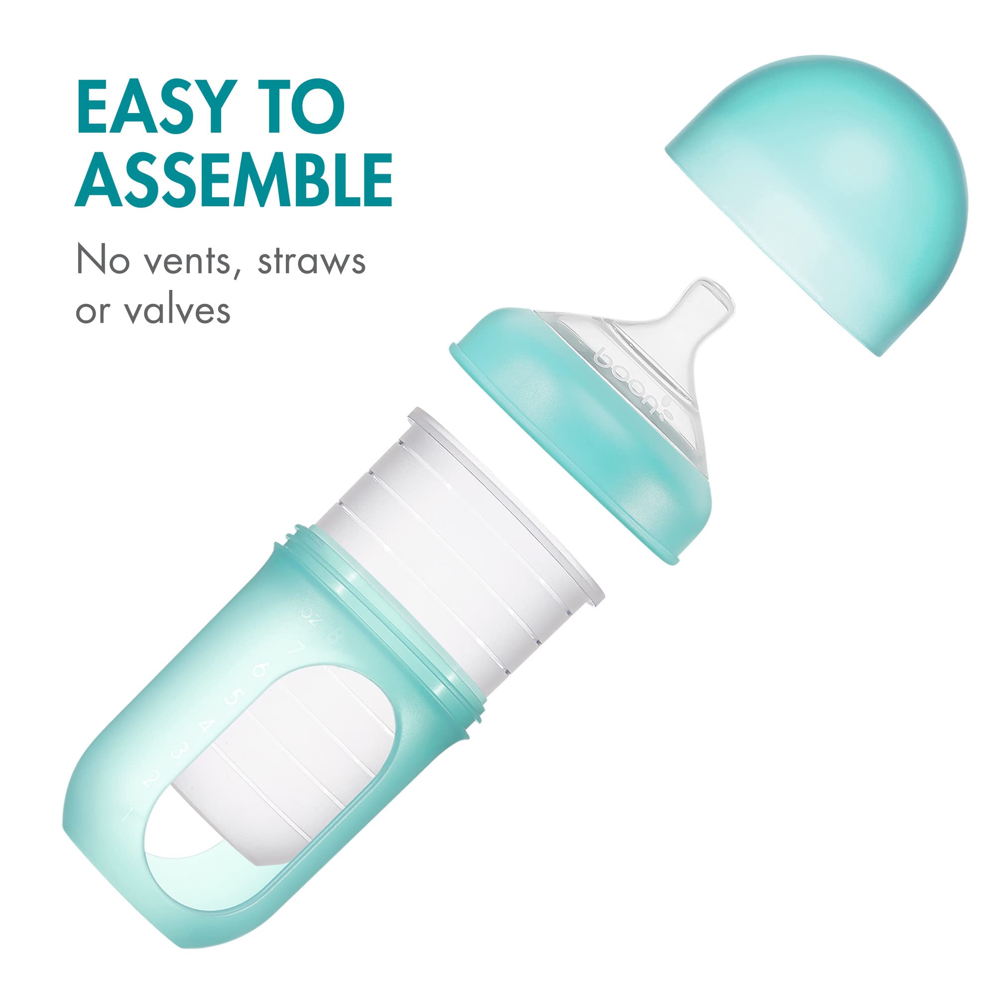 Boon Nursh Reusable Silicone Pouch Baby Bottles - Medium Flow Nipple - Silicone Baby Bottle Pouch and Nipple - Baby Feeding Essentials - Blue - 3-6 Months - 3 Count - 8 Ounce