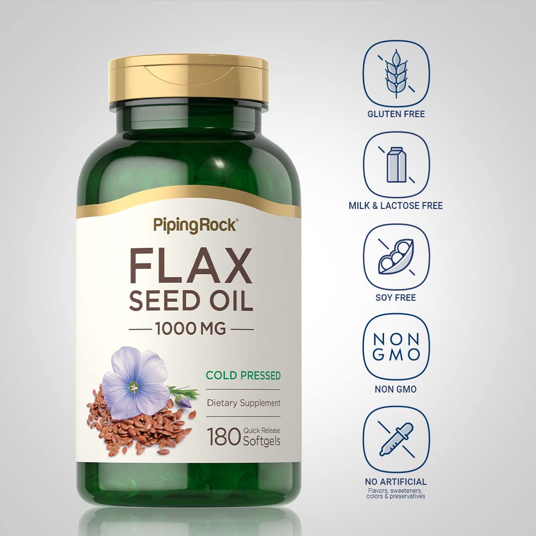 Piping Rock Flaxseed Oil 1000mg Softgel Capsules | 180 Count | Cold Pressed Supplement | Non-GMO, Gluten Free