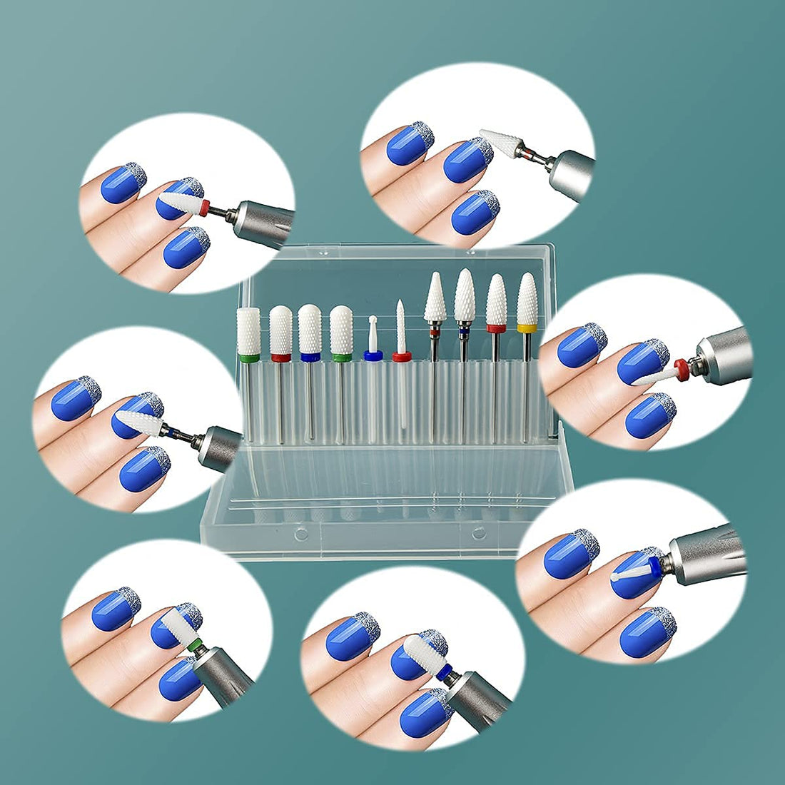 Feecy Nail Drill Bits Set Ceramic for Acrylic Nails Gel Polish Professional, 3/32 Inch Efile Nail Drill Bits Kit for Cuticle Safety Barrel Nail Art Tools with Holder, 7pcs (S10-C)