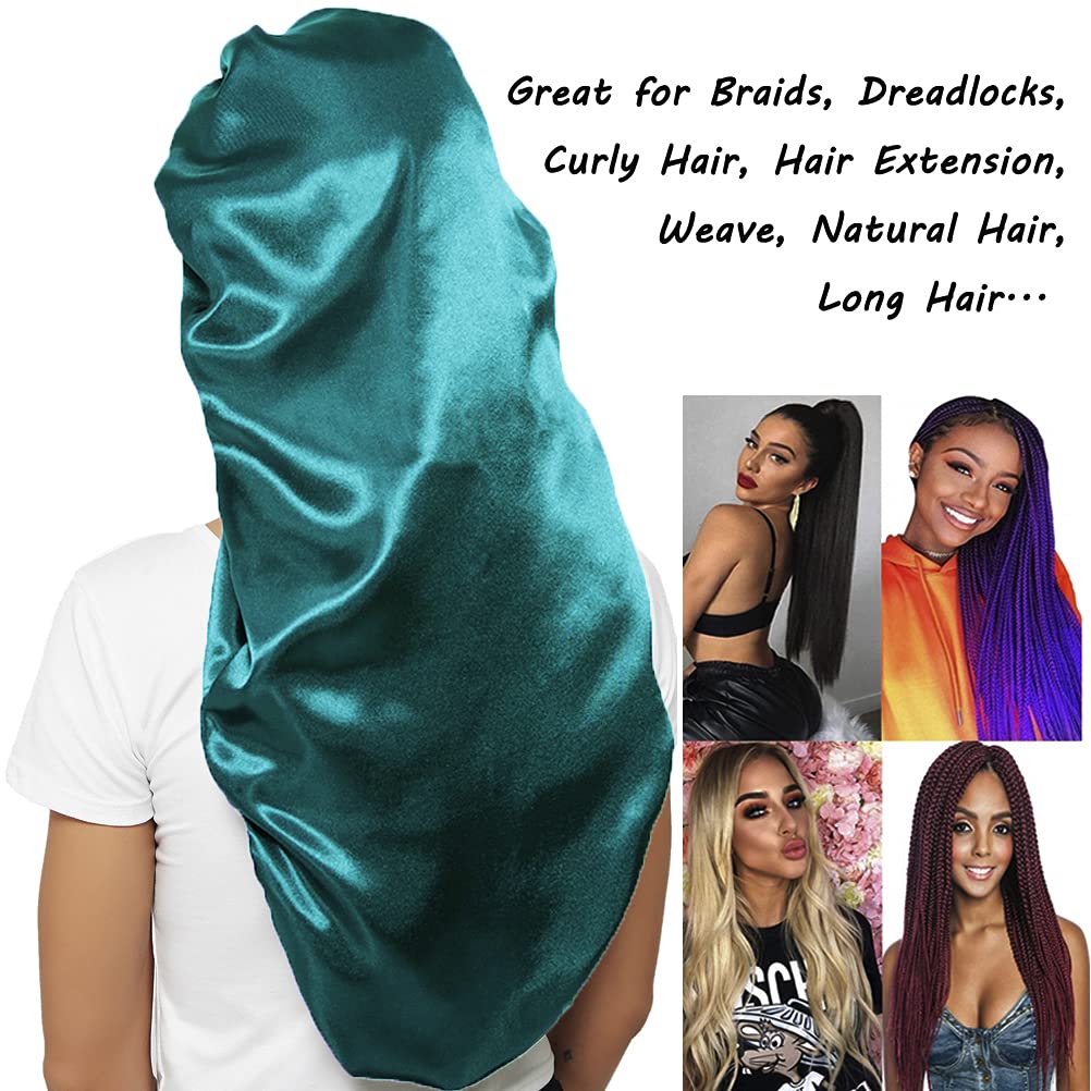 2 Pcs Hair Bonnets for Women Satin, Soft Elastic Band Silky Sleeping Cap Big Bonnets for Women Bonnet for Braids(Black+Green)