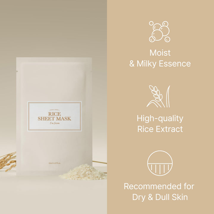 I'm from Rice Sheet Mask Pack of 5, Korean Rice Face Mask, Creamy Hydration for Dry, Combination Skin, Moist, Milky Essence, Biodegradable, Vegan, Hypoallergenic, 20ml