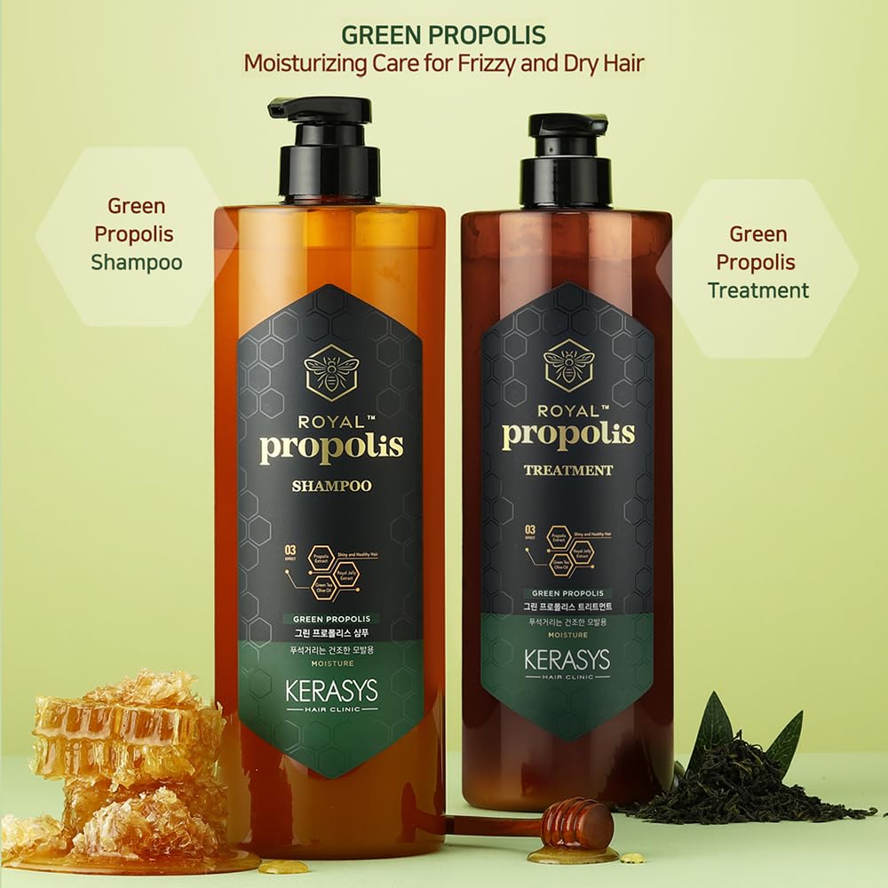 Kerasys Propolis Royal Jelly Extract Green Tea Olive Oil Shiny and Healthy Hair Propolis Green Moisture 33.8 fl oz / 1L (Shampoo + Treatment Set)