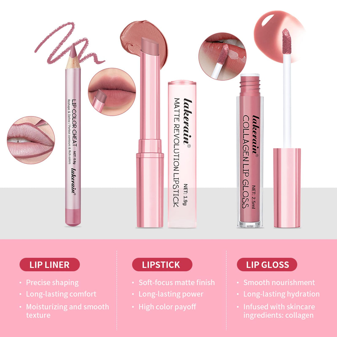 3PCS Lip Liner and Lipstick Combo Set - Matte Lip Liner Pencil, Velvet Matte Lipstick & Hydrating Collagen Lip Gloss - Long-Lasting, Smudge-Proof, High Pigment Nude Brown Lip Makeup Kit (Set 3, 3)
