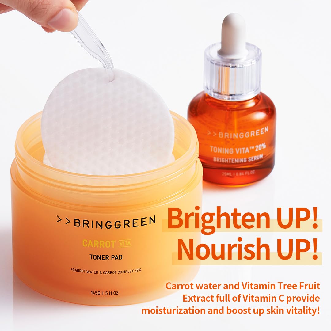 BRING GREEN Carrot Toner Pad | Contains Vitamin and Retinol to Even Out Skin Tone, Reduce Dark Spots for Daily Skincare (60 Count)