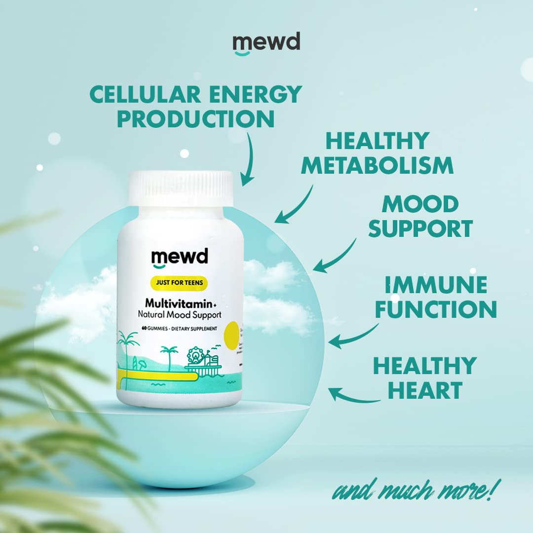 MEWD Teen/Kids Daily Multivitamin Gummy with Natural Mood Enhancer,Vegan,Immune System Booster Supplement,Kids Vitamin with Iron,Zinc,Gluten Free-Focus Vitamin for Kids-Brain Health-Made in USA