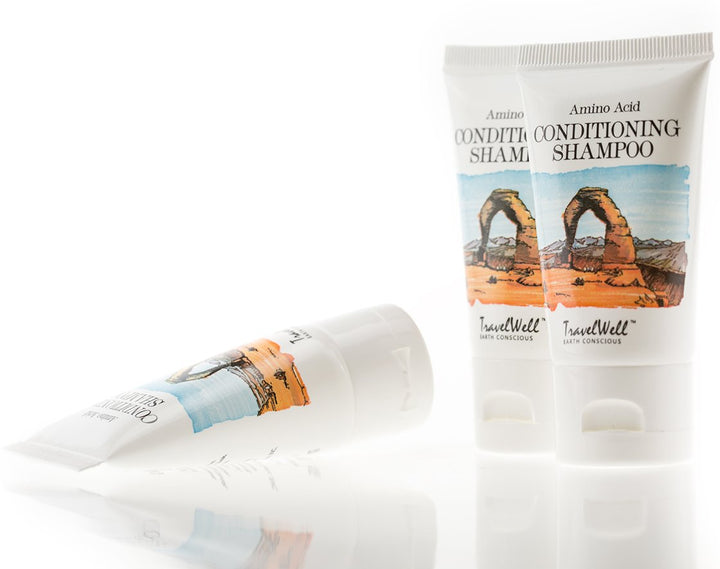 Travel Well Landscape Series Hotel Shampoo and Conditioner Supplies for Guests 2 in 1, 1.0 Fl Oz/30ml, Individually Wrapped 200 Tubes per Box | Travel Size Toiletries | Hotel Toiletries Bulk Set