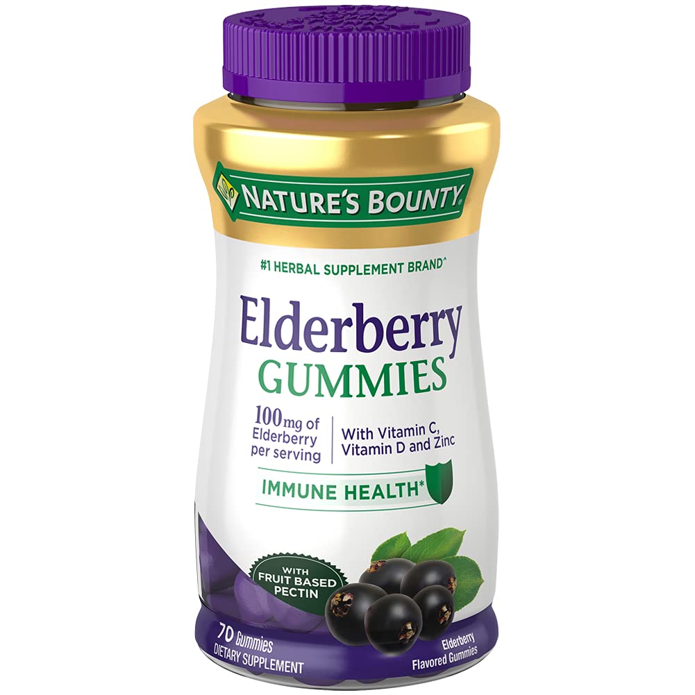 Nature's Bounty Elderberry Gummies, Dietary Supplement, Supports Immune Health, Contains Vitamin A, C, D, E and Zinc, 100 mg, 70 Gummies