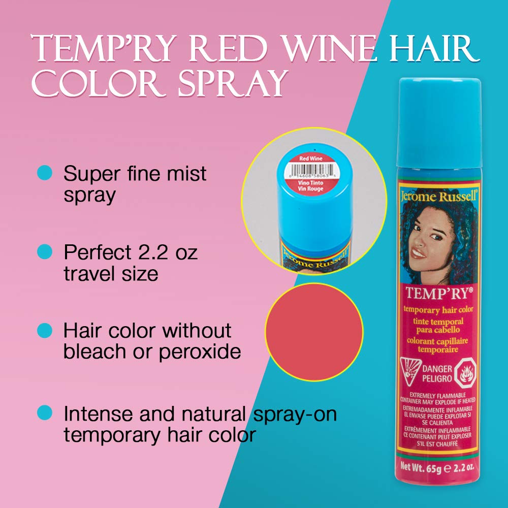 Jerome Russell Temporary Hair Color Spray, Red Wine - Intense Spray-On Temporary Hair Color, Fast-Drying, Non-Sticky, Travel Size Hair Dye for Instant Vivid Hair Color, 2.2 oz