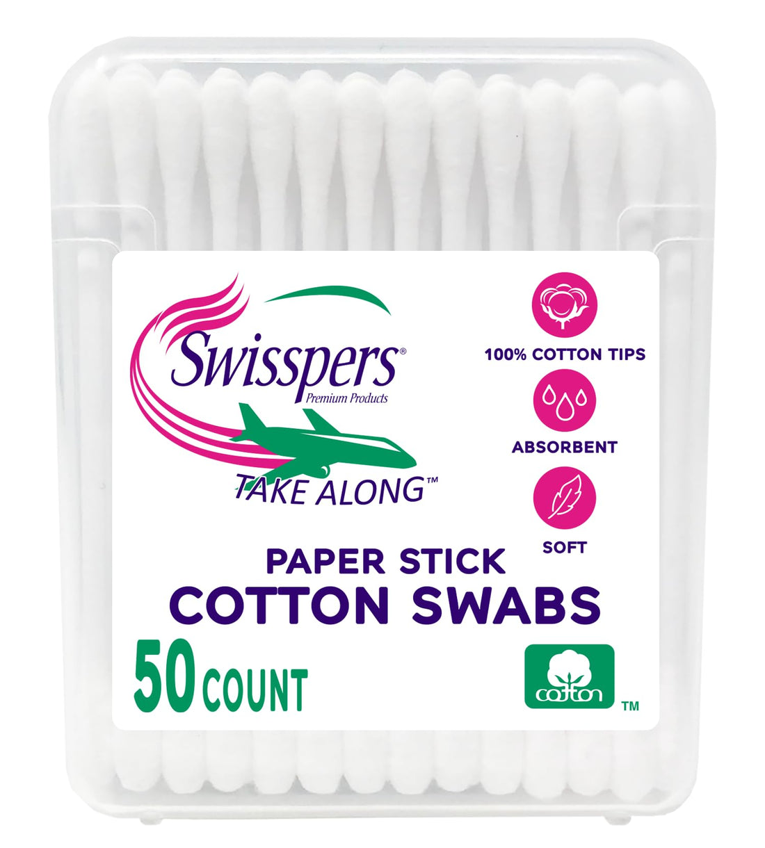 Swisspers Premium Take Along Cotton Swabs, White Paper Sticks, 50-Count (Pack of 6)
